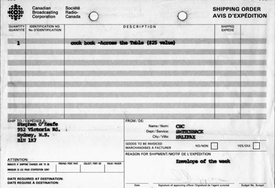 CBC Halifax "Switchback" prize shipping order