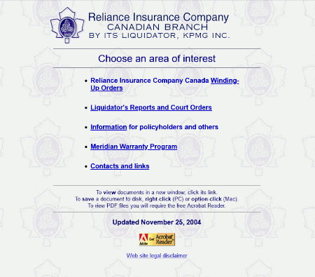 Reliance Insurance (Canadian Branch) website